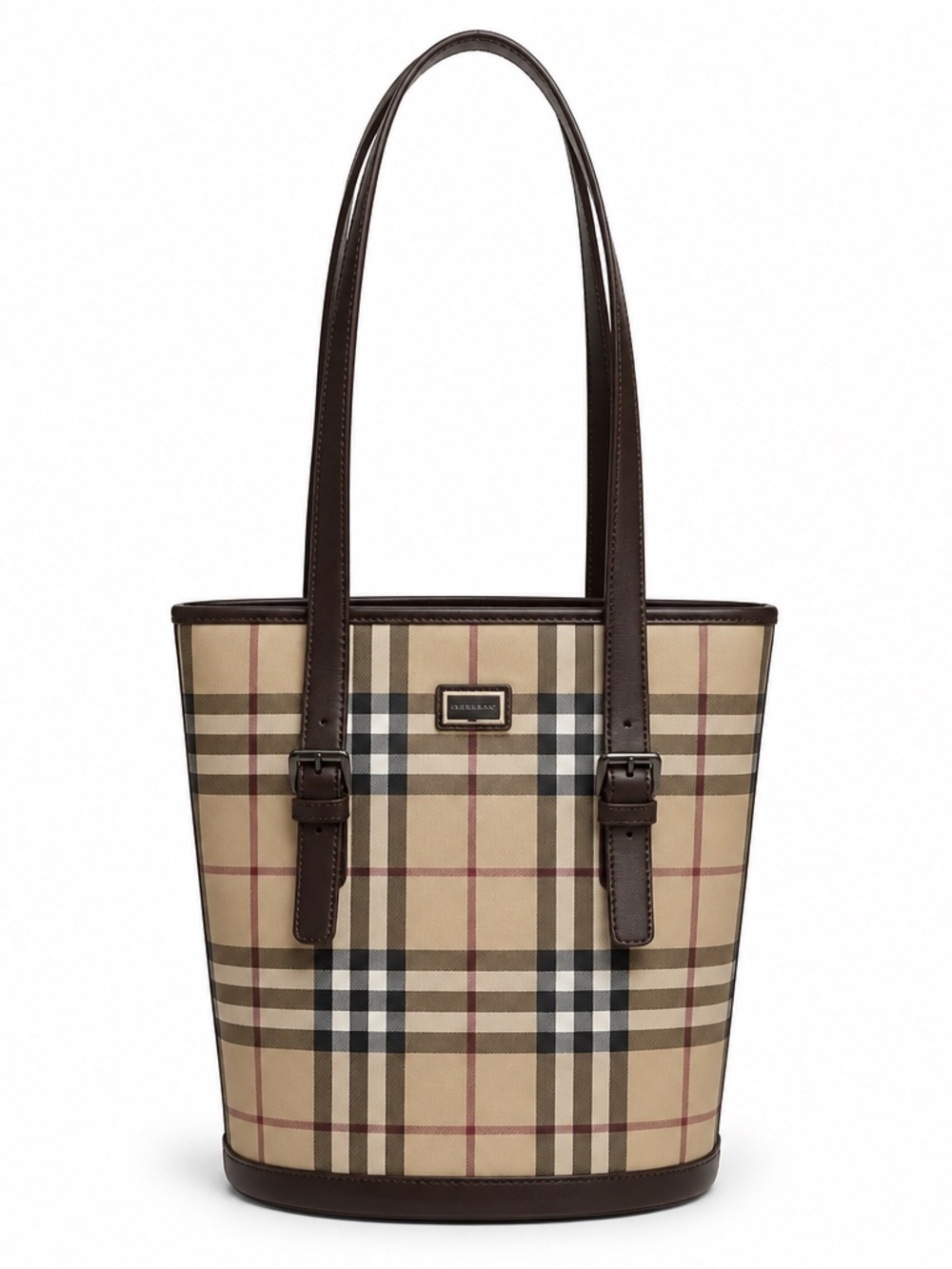 Burberry Beige Plaid Tote with Dark Brown Leather Trim